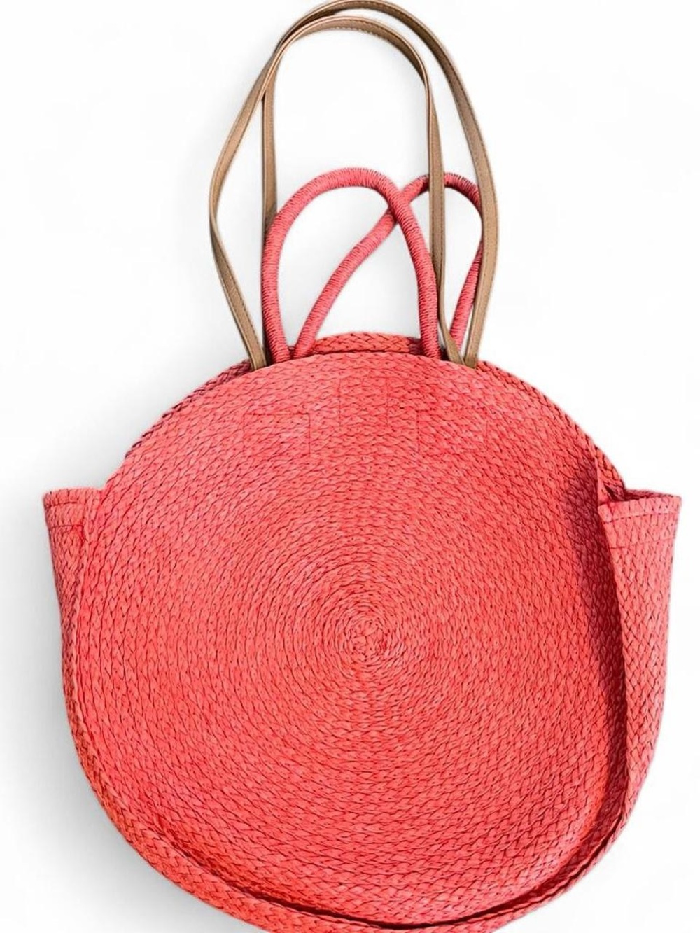 Time and Tru orange Coral Round Straw Tote bag with Tan Handles purse circle